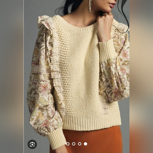❤️ ANTHROPOLOGIE PRINTED SLEEVE RUFFLE SWEATER, LARGE - Picture 1 of 11